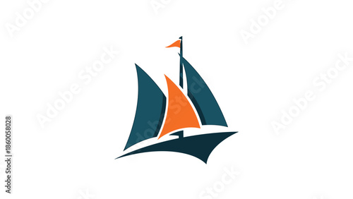 Sailboat illustration with orange and blue sails on white background, simple design.
