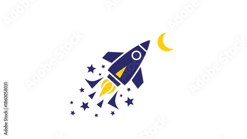 Rocket ship soaring towards the moon with stars and flames, a space exploration concept.