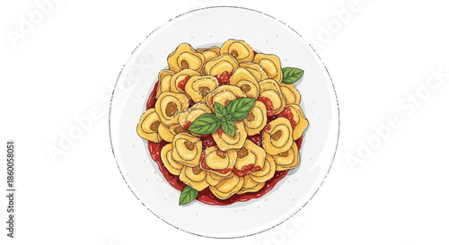 Italian Tortellini Pasta with Tomato Sauce and Fresh Basil Leaf Garnish