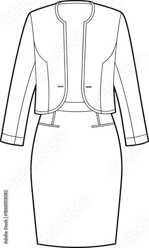 Women’s two piece outfit flat sketch, fitted jacket and pencil skirt fashion drawing, front and back view, apparel design, cad vector illustration