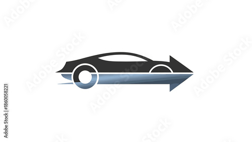Sleek black car silhouette integrated with an arrow symbol, representing speed and movement.