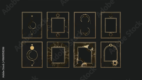 Set of Dark Golden Esoteric Geometric Frames with Distressed Texture Vector Illustration