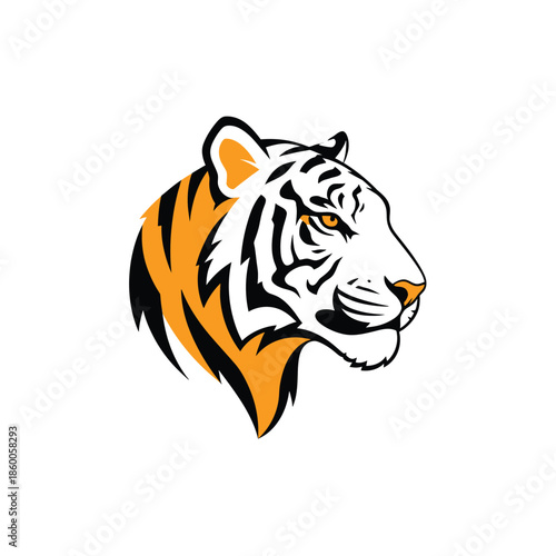 Striking tiger head illustration showcasing vibrant orange and black stripes and focused gaze.