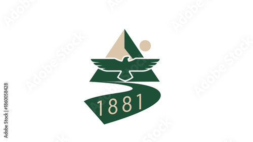 Symbolic emblem featuring a bird, mountain, and river, representing history and nature.