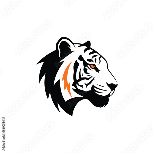 Striking tiger head profile with intense gaze and bold stripes, a symbol of power.