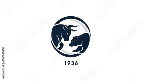 Symbolic representation of the stock market with bull and bear in a circle design.