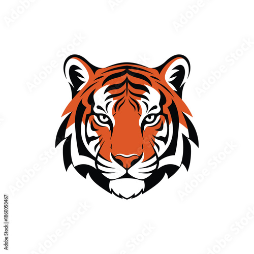 Striking tiger face illustration showcasing vibrant orange and black stripes, intense gaze.