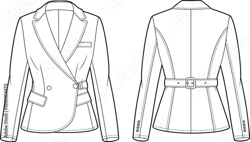 Women’s tailored blazer fashion flat sketch, double breasted jacket with belt, technical garment CAD drawing, vector illustration front back view