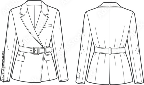 Women’s tailored blazer flat sketch, single breasted jacket with belt, technical garment CAD drawing, vector fashion illustration front and back view