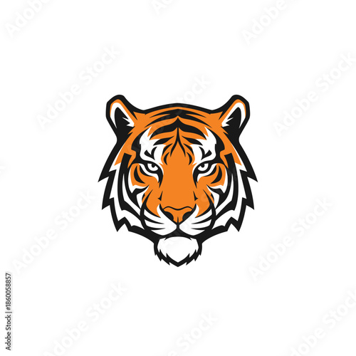 Tiger head illustration with orange and black stripes, fierce and focused.