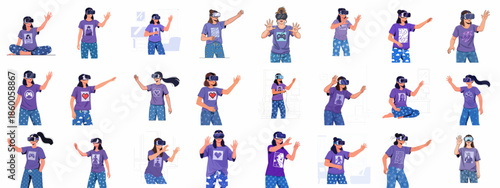 Collection of women in pajamas using VR headsets for gaming and interaction in virtual reality environments, showcasing metaverse technology.