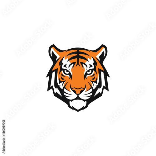 Tiger head illustration with orange and black stripes, focused gaze.