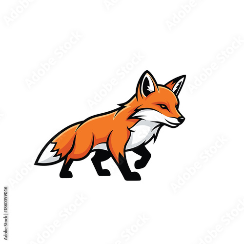 Vibrant fox illustration showcasing its orange fur and focused gaze, walking forward.