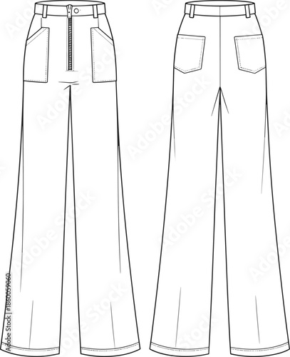 Women’s wide leg pants flat sketch, high waist trousers with zipper fly and patch pockets, cad garment drawing, vector template
