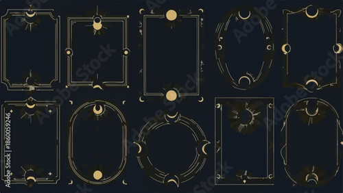 Set of ten gold celestial frames and mystical borders with sun and moon motifs