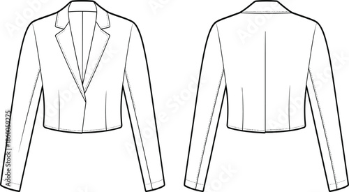 Cropped blazer jacket flat sketch, fashion technical drawing, women’s apparel design, vector template front and back view, stylish outerwear illustration