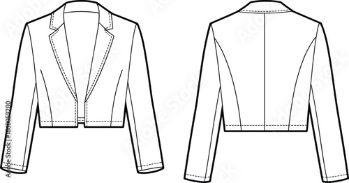 Cropped blazer jacket fashion vector, technical flat sketch front and back view, women’s apparel design, tailored clothing illustration template