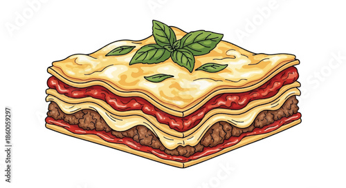 Layers of Beef Lasagna with Cheese and Basil Topping