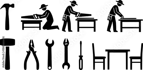 Conjunto de iconos de carpintería y herramientas manuales con personas trabajando en madera. Ilustración vectorial para proyectos de bricolaje, reparación de muebles y construcción.