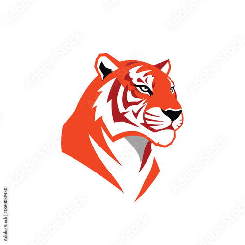 Vibrant orange tiger head portrait, showcasing detailed fur and intense gaze, isolated on white background.