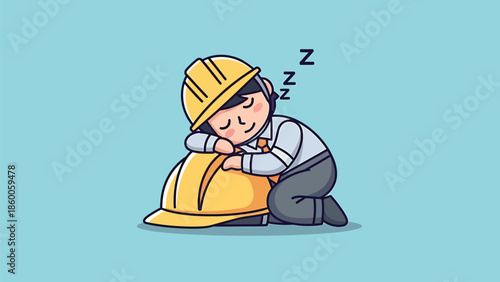Construction worker sleeping peacefully on a yellow hard hat, resting.