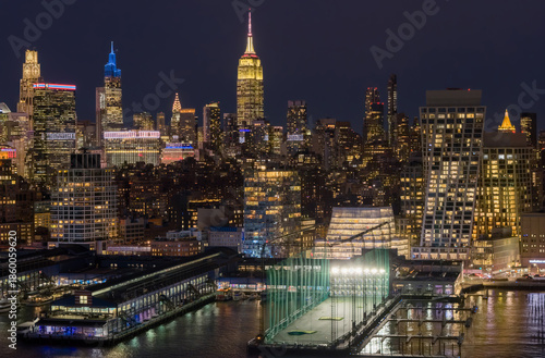 New York night skyline. NewYork City downtown at night. New York landscape. Manhattan night view. NYC metropolis aerial view. New York skyline. NYC cityscape. New York cityscape waterfront. © Volodymyr
