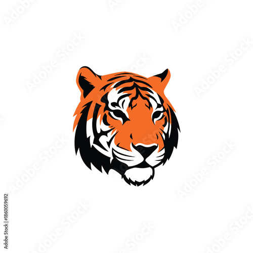 Vibrant tiger head portrait showcasing striking orange and black stripes, intense gaze.