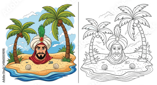 Lonesome Man on Desert Island With Palm Trees: Color and Black and White Illustration Set