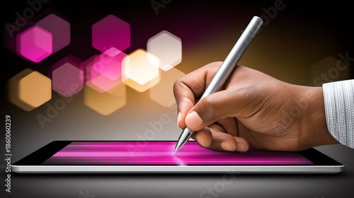 A person's hand utilizes a stylus on a digital tablet, creating a vibrant, abstract design with glowing hexagonal shapes in the background, evoking innovation and creativity.