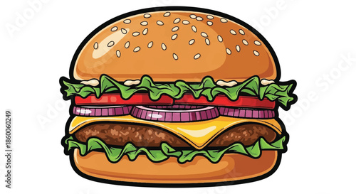 Fresh Beef Burger with Lettuce Tomato Onion and Cheese Illustration