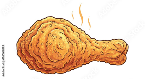 Crispy Fried Chicken Drumstick Illustration with Steam Heat Waves Isolated on White