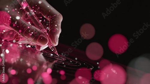 A translucent hand delicately traces glowing, abstract lines above a circular form, evoking a sense of creation and digital artistry within a dark, atmospheric space.