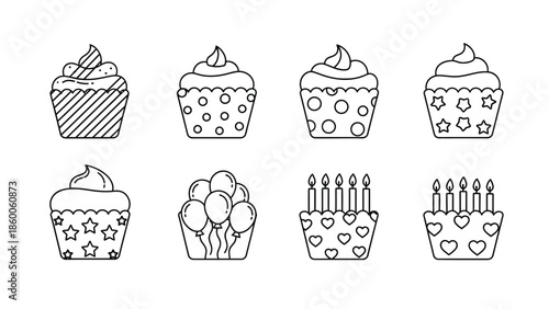 A delightful collection of eight unique black and white outline illustrations featuring various festive birthday cupcakes and celebratory treats ready for coloring or design projects