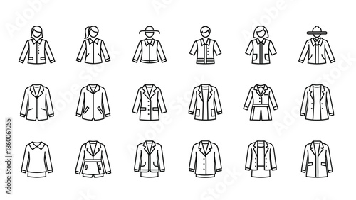 A collection of versatile black outline icons representing various styles of women's blazers jackets coats and professional outerwear designs for business attire