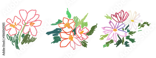 Sketch crayon style modern simple flower art poster or placard collection. Ink, charcoal, pencil or chalk style plants or floral elements drawing. Colorful hand drawn flowers vector illustration set.