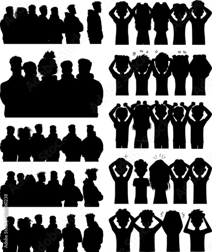 Conjunto de siluetas de personas en grupos y poses individuales con gestos de estrés, preocupación y unidad. Ilustración vectorial de diversidad social y salud mental.
