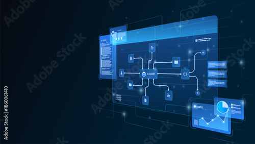 AI workflow automation artificial intelligence. ai agent network diagram dashboard machine learning data processing system, coding, file and automation system.