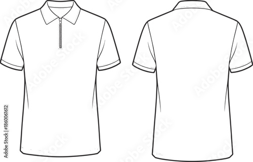 Short sleeve utility workwear shirt technical flat vector illustration front and back view minimal apparel CAD drawing template design production