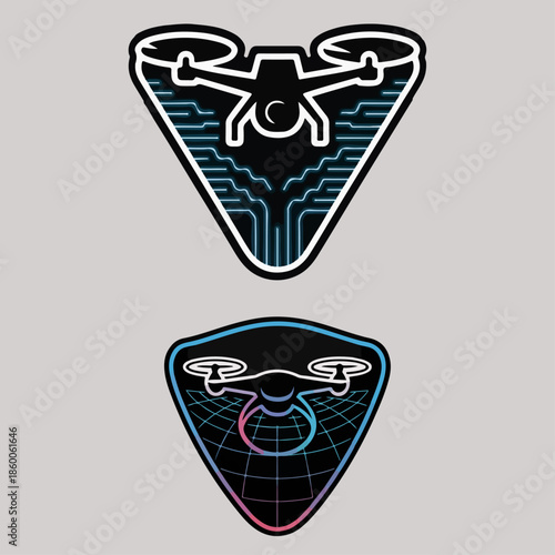 Futuristic drone pilot badge set with triangular shields, neon circuit lines and radar grid; modern UAV quadcopter logo vector for FPV racing and tech branding