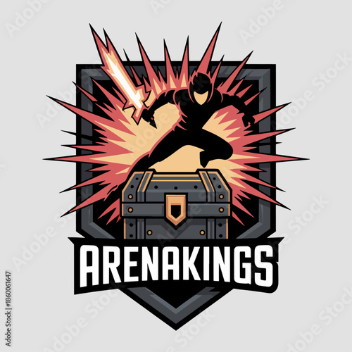 Arenakings loot chest blast with fighter silhouette on shield, competitive gaming mascot emblem; battle arena vector logo for clans, events and merch branding