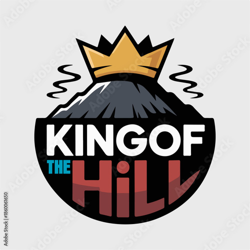 King of the Hill crowned mountain crest, competitive gaming victory logo; modern tournament emblem vector for leaderboards, events and esports branding