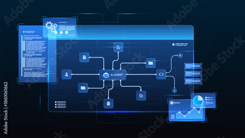 AI workflow automation artificial intelligence. ai agent network diagram dashboard machine learning data processing system, coding, file and automation system.