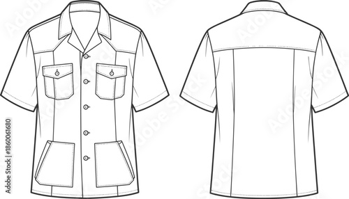Short sleeve utility workwear shirt technical flat vector illustration, front and back view, patch pockets, apparel CAD drawing, fashion template