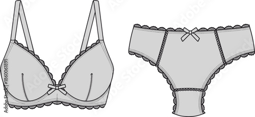 Women lace lingerie technical fashion sketch bra and panties underwear set with scalloped trim and bow, cad drawing flat vector illustration