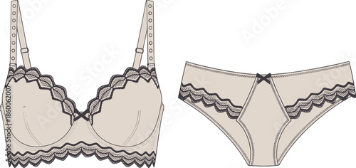 Women lace lingerie technical fashion sketch bra and panties underwear set with scalloped trim, cad drawing flat vector illustration design