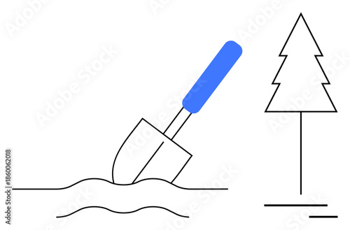 Environmental conservation, reforestation, sustainability, eco-friendly practices, natural growth, and agriculture. Shovel digging into the ground near a tree outline. Environmental conservation