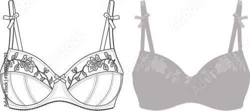 Women lingerie bra cad drawing, flat vector illustration, technical fashion sketch, embroidered lace brassiere design, underwear apparel outline