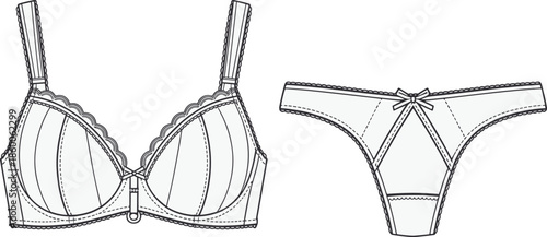 Women lingerie set cad drawing flat vector illustration, technical fashion sketch of bra and thong underwear apparel outline design template