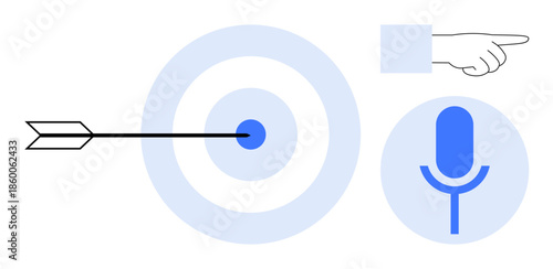 Goal setting, focus, communication, leadership, decision making, direction. Arrow hitting a target, hand pointing microphone icon. Goal setting and focus concept