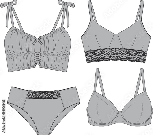 Women lingerie set technical flat sketch, bra and panty collection, fashion cad drawing, minimal line art vector illustration